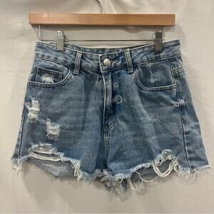 Shein High Rise Denim Shorts Womens Size 27 High Rise Raw Hem Distressed Summer